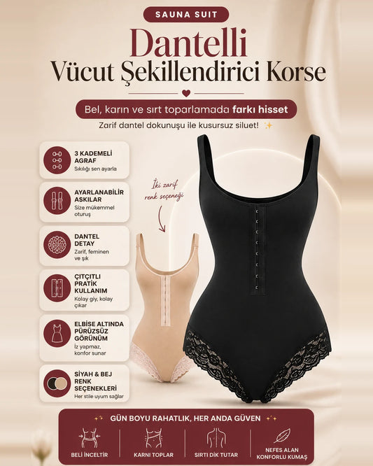 Sauna Suit Dantelli Vücut Şekillendirici & Çıtçıtlı Agraflı Korse