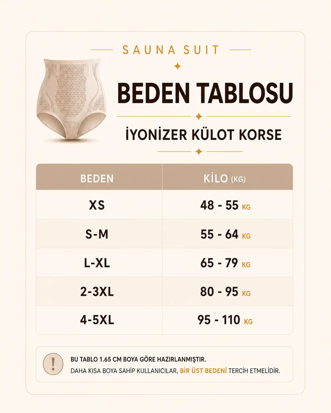 İyonizer korse külot beden tablosu, XS'ten 4-5XL'e kilo aralıkları