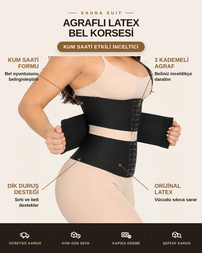 Sauna Suit Agraflı Latex Bel Korsesi & Kum Saati Etkili İnceltici