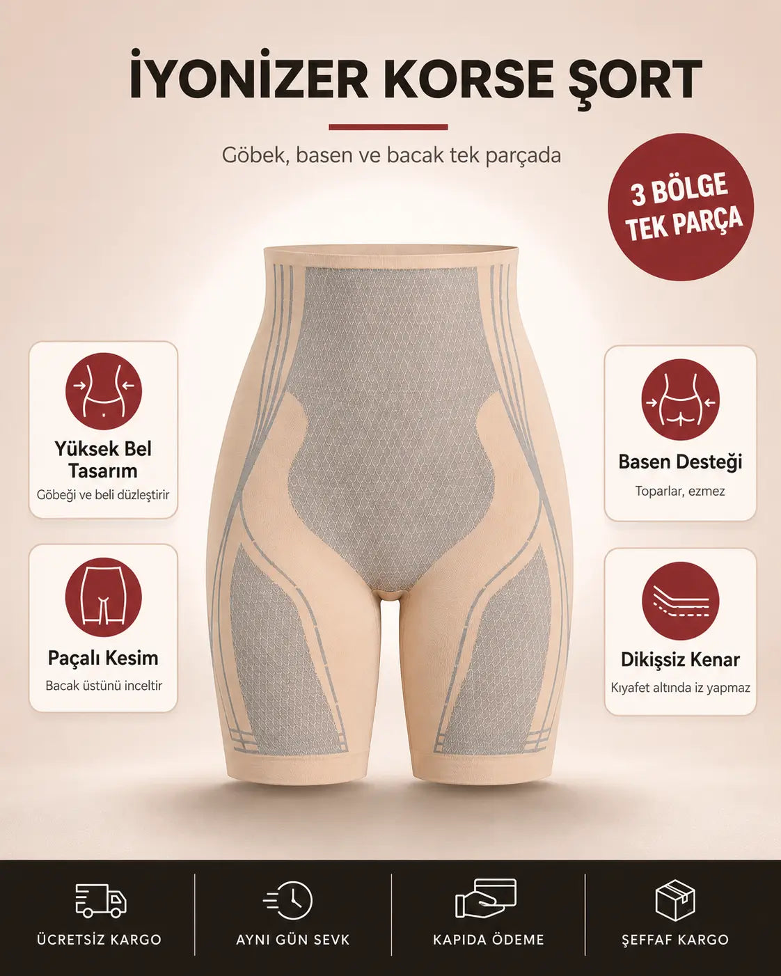 Sauna Suit İyonizer Korse Şort ten rengi, yüksek bel ve dikişsiz kenar özellikleri