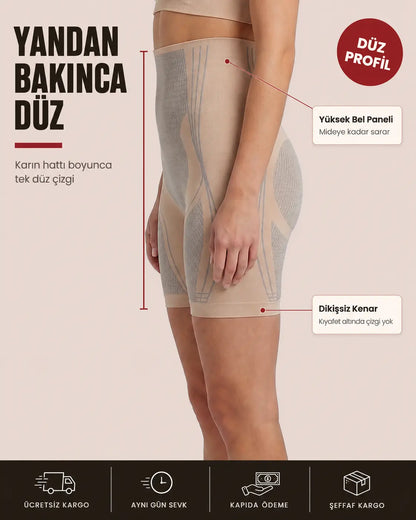 İyonizer Korse Şort yandan görünüm, karın hattı ve yüksek bel oturuşu
