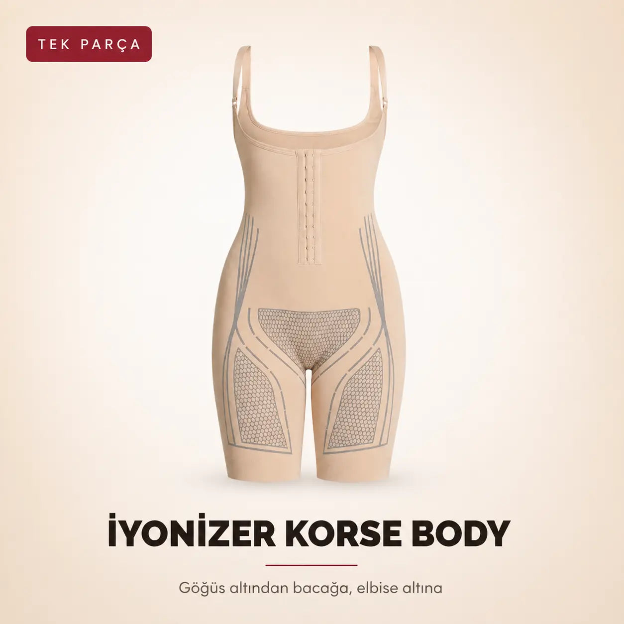 İyonizer Korse Body ürün görseli, üçlü tam sette göğüs altından bacağa tek parça