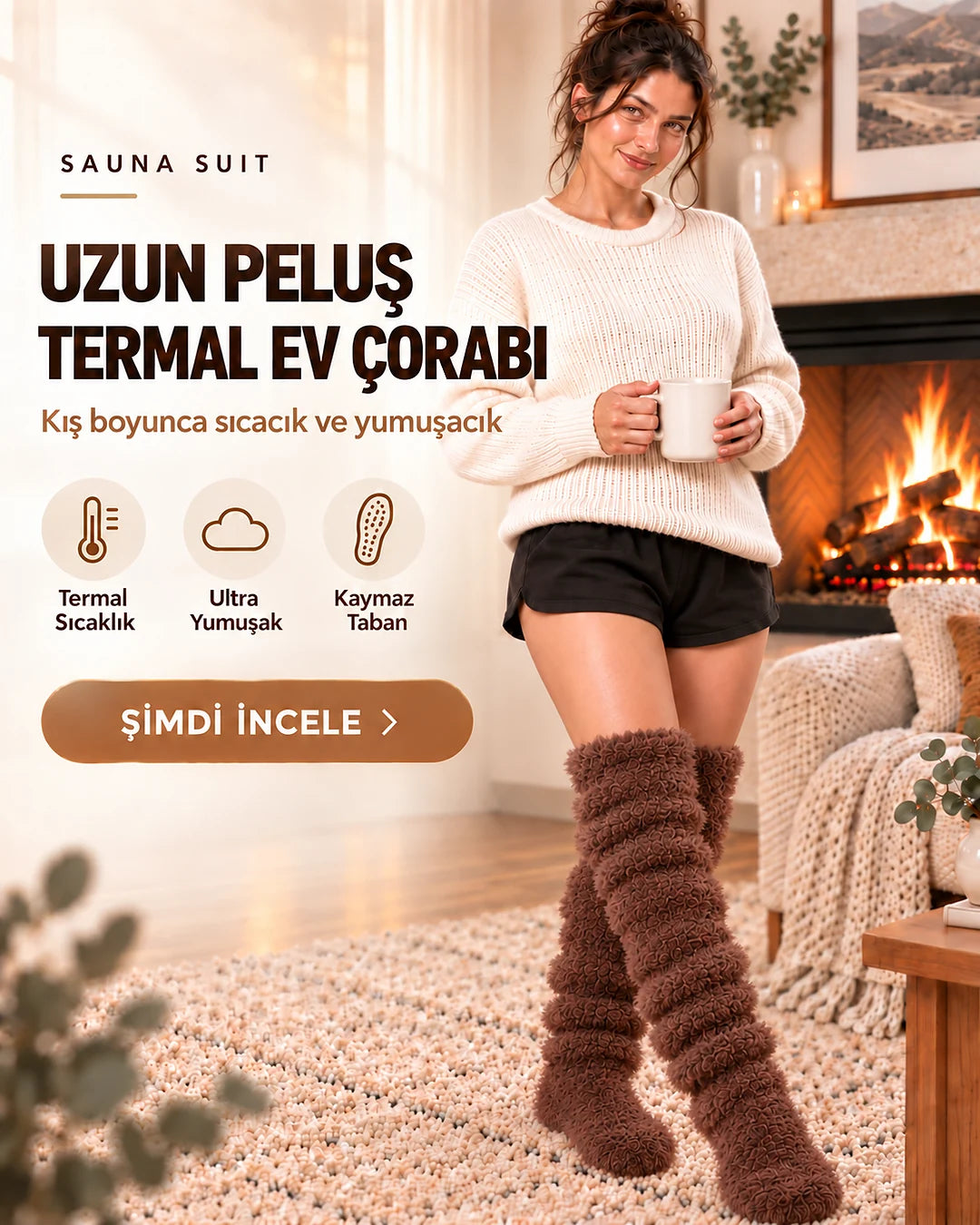 Sauna Suit Uzun Peluş Termal Ev Çorabı & Kaymaz Tabanlı Uyku Çorabı